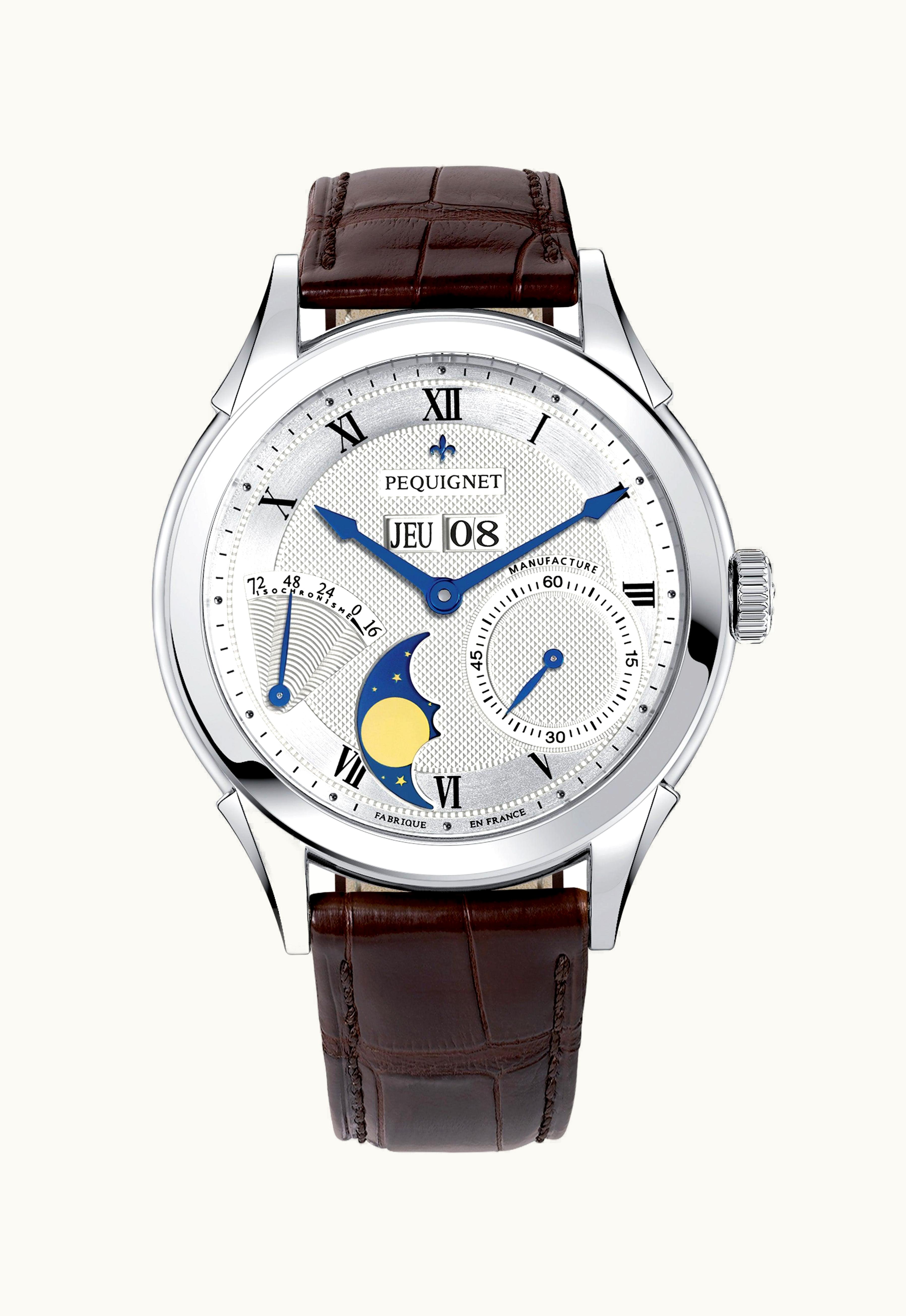 Pequignet Rue Royale Moonphase Stainless Steel / Silver Guilloche / Brown Alligator