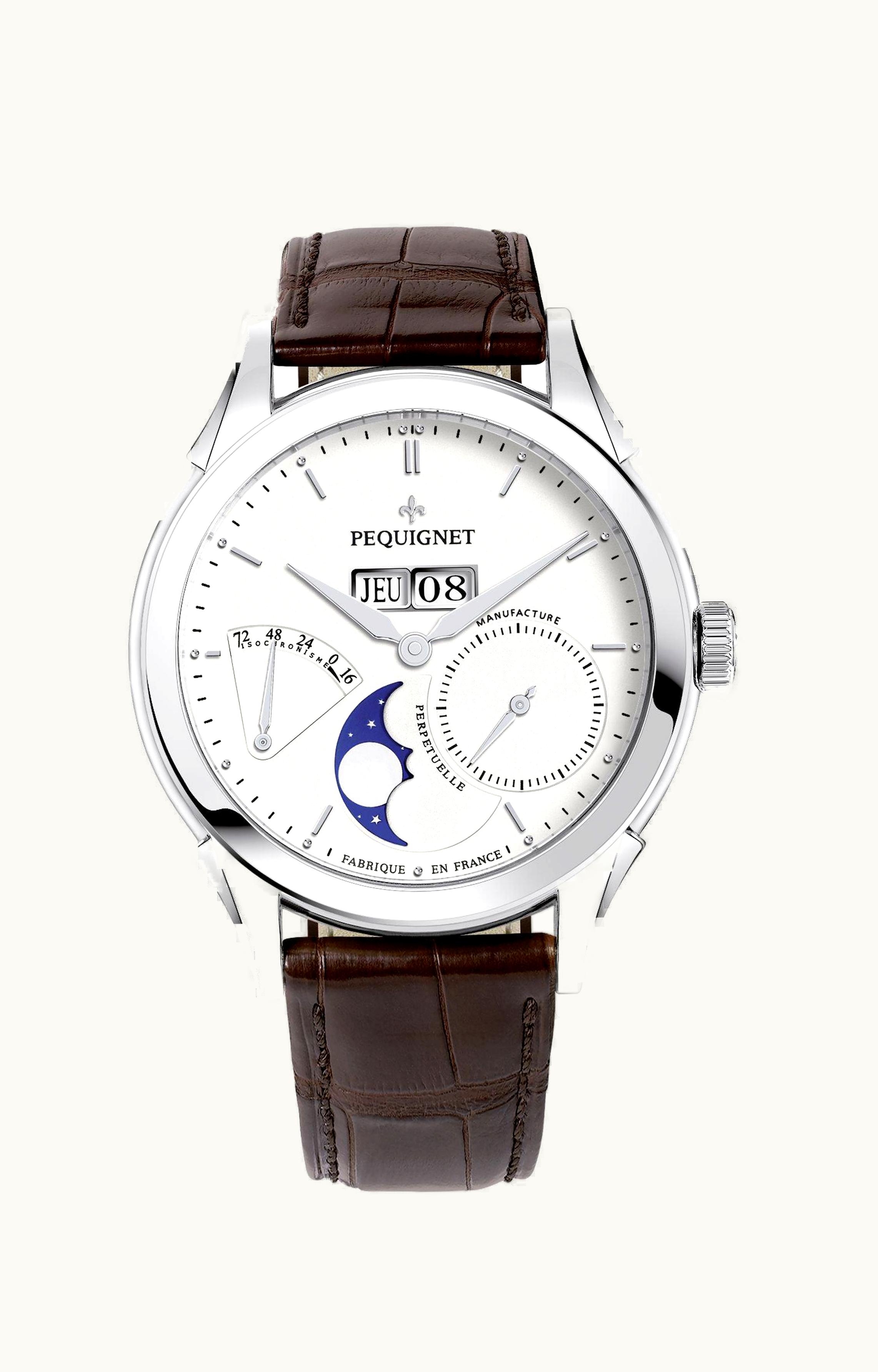 Pequignet Rue Royale Moonphase Stainless Steel / Silver / Brown Alligator