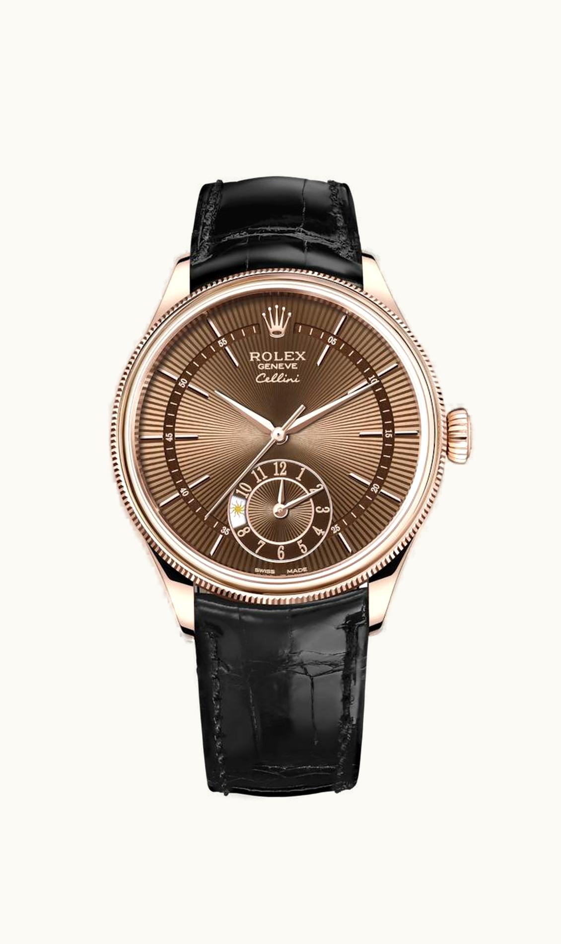Rolex Cellini Dual Time Everose / Brown / Alligator Black