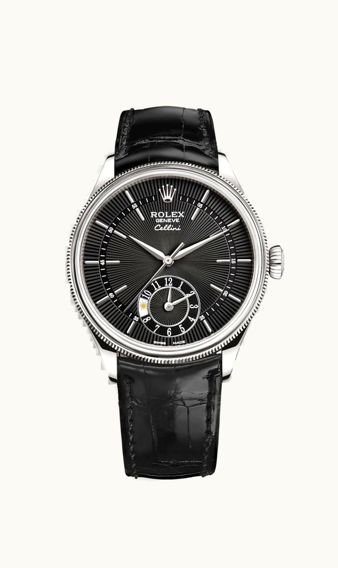Rolex Cellini Dual Time White Gold / Black / Alligator Black
