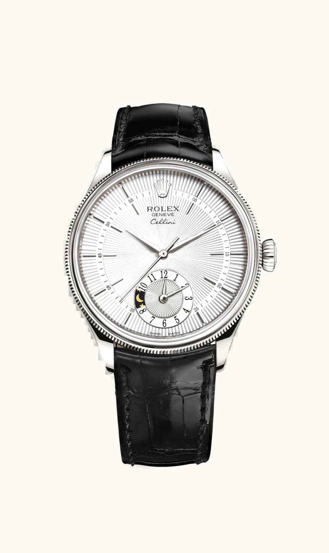 Rolex Cellini Dual Time White Gold / Silver / Alligator Black