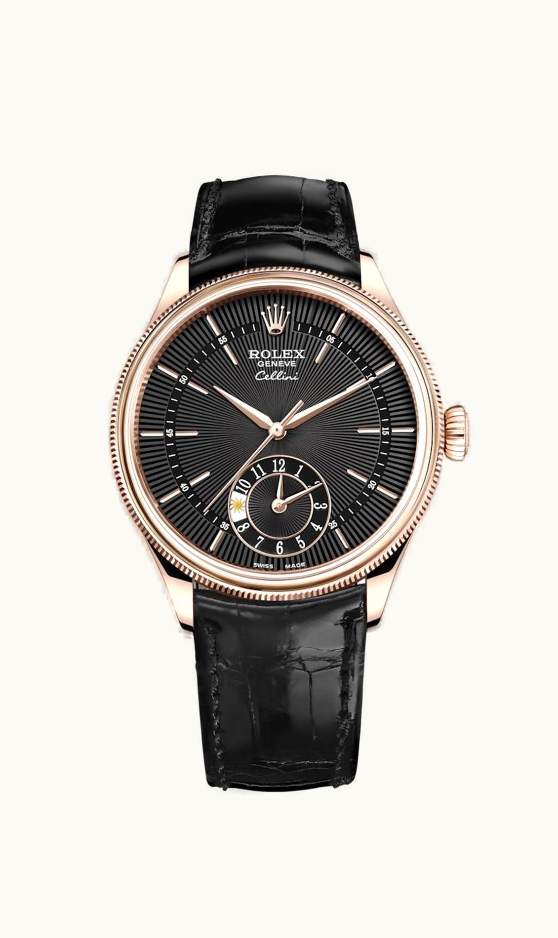 Rolex Cellini Dual Time Everose / Black / Alligator Black