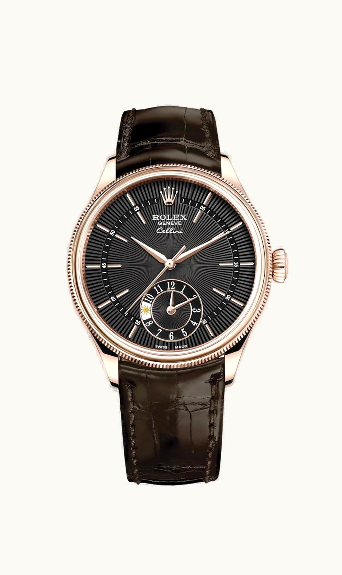 Rolex Cellini Dual Time Everose / Black / Alligator Brown
