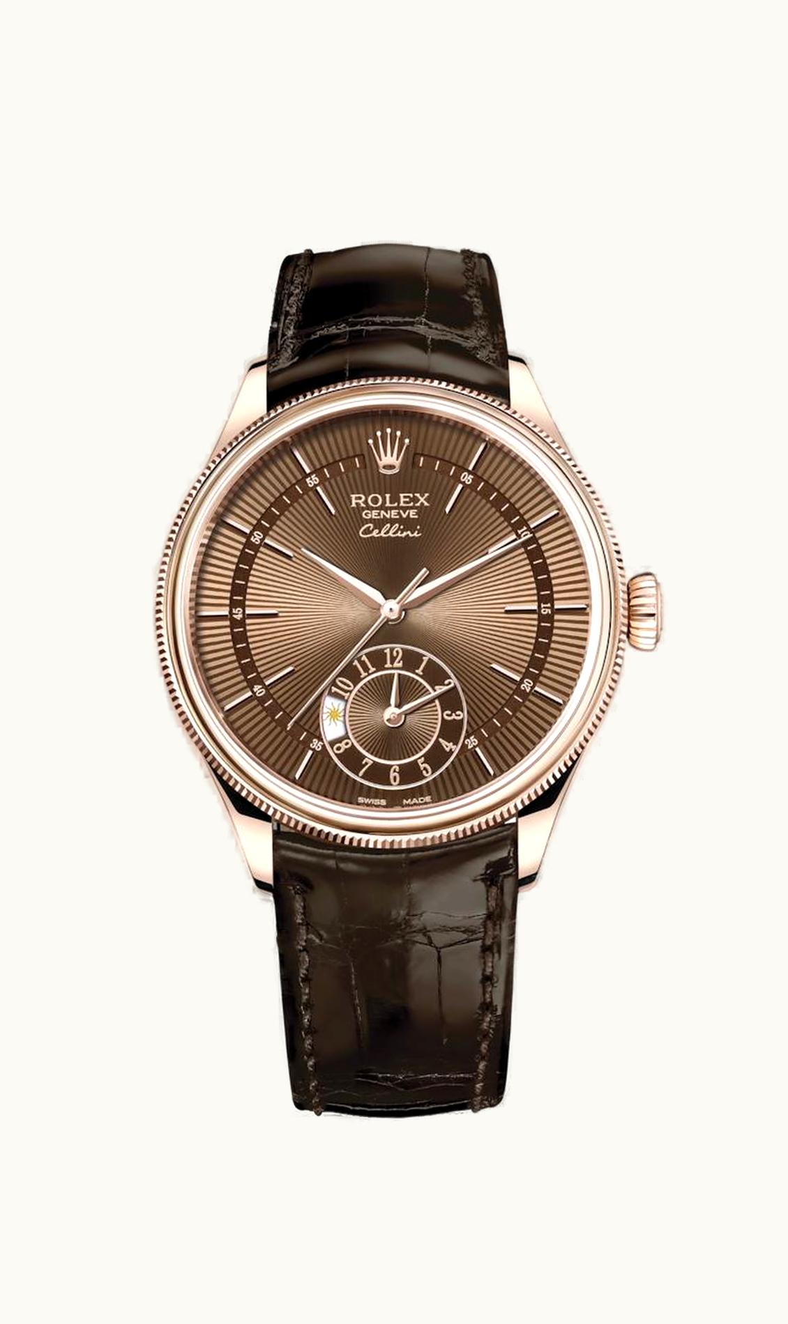 Rolex Cellini Dual Time Everose / Brown / Alligator Brown