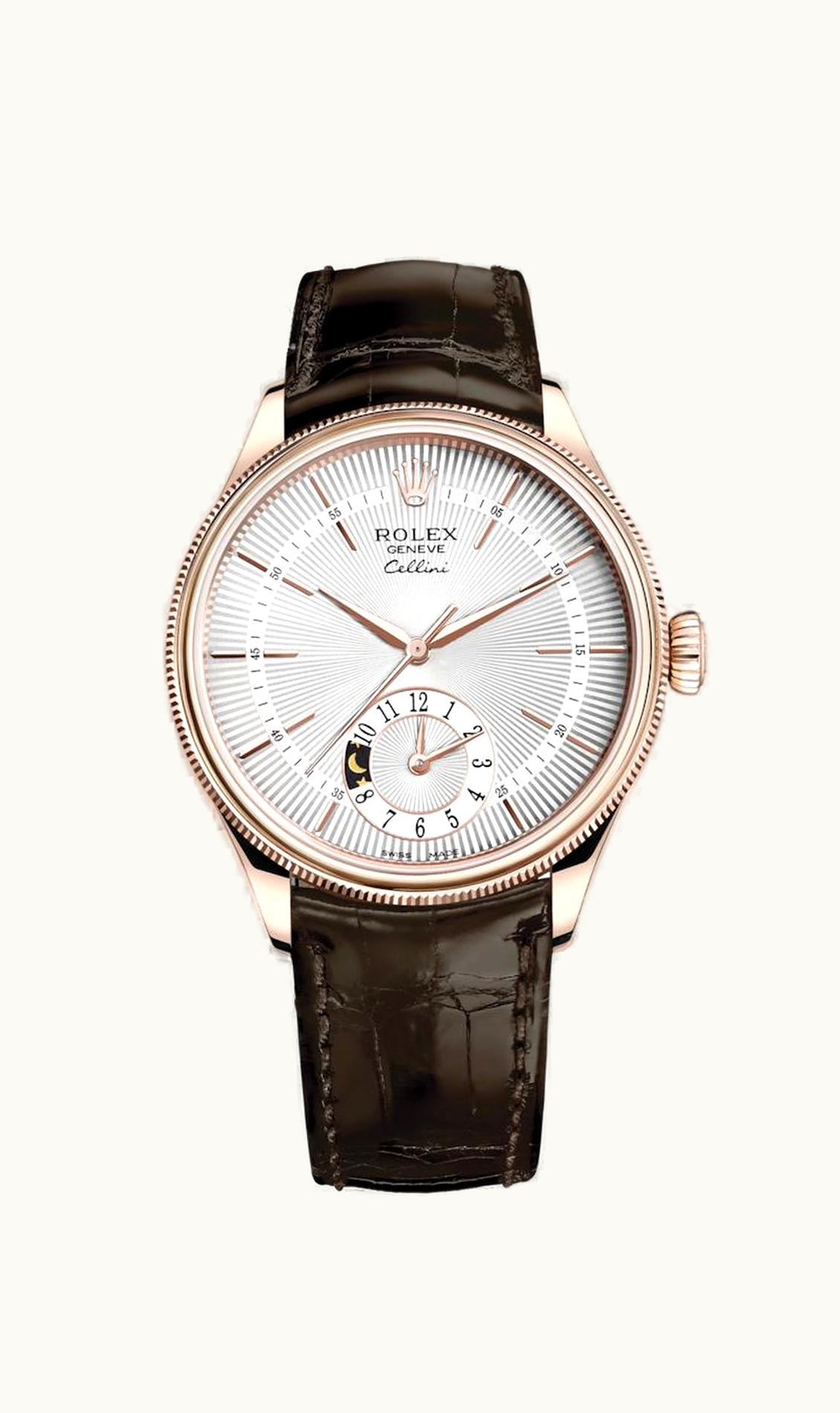 Rolex Cellini Dual Time Everose / Silver / Alligator Brown