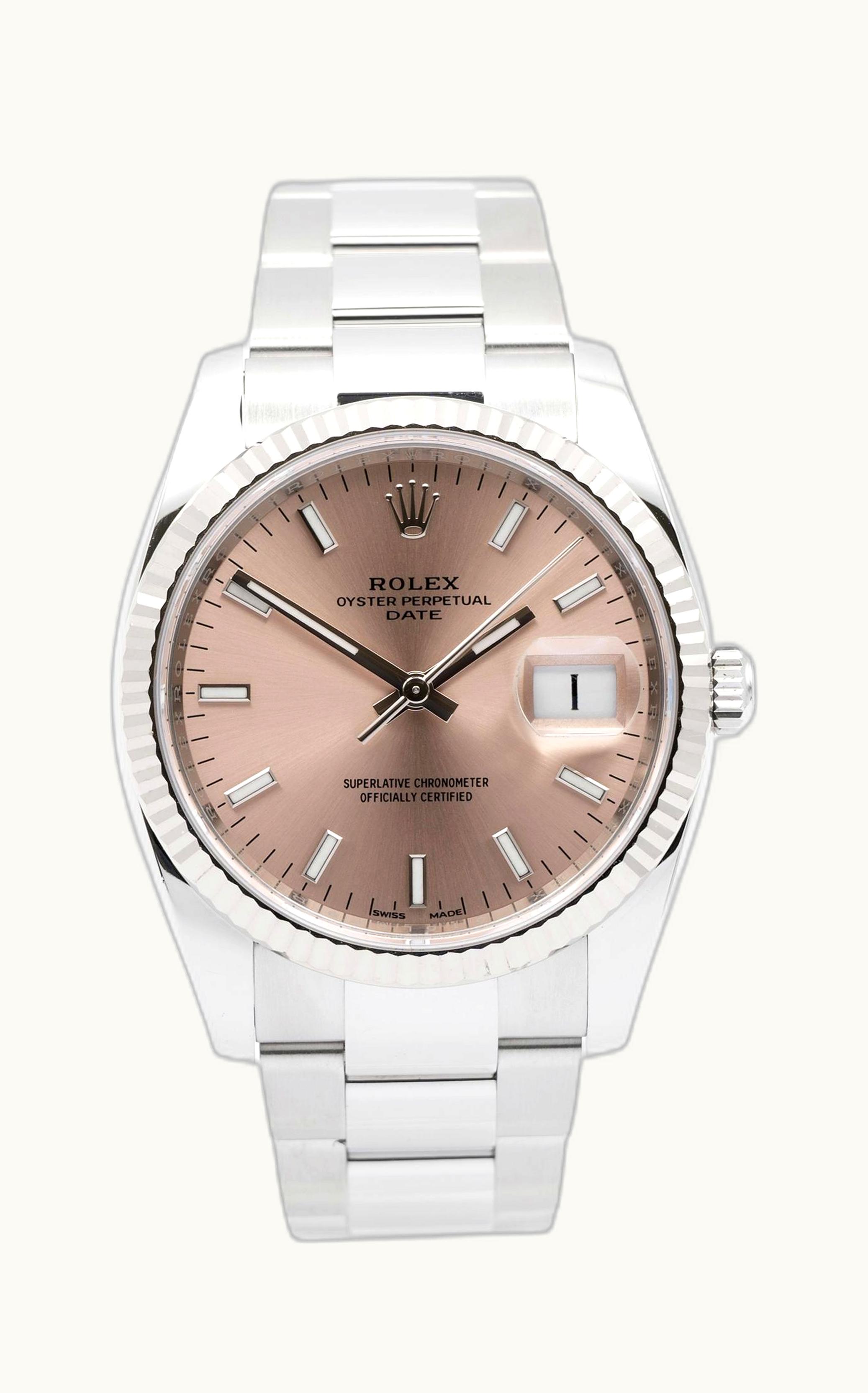 Rolex Oyster Perpetual Date 34 Stainless Steel Fluted / Oyster / Pink Arabic