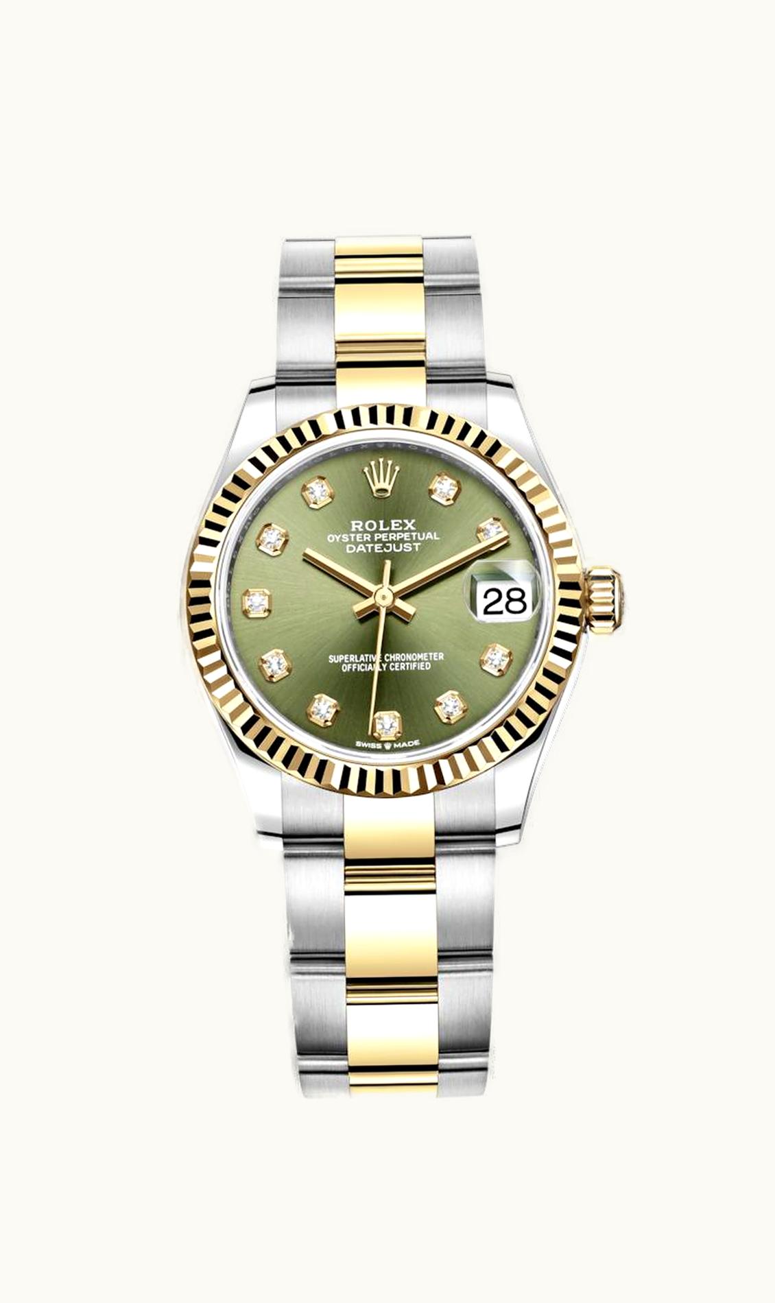Rolex Datejust 31 Stainless Steel / Yellow Gold / Fluted / Olive - Diamond / Oyster