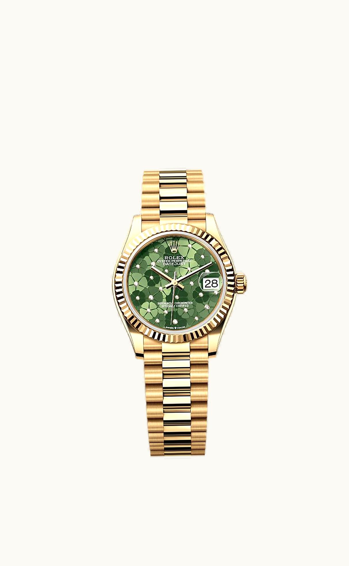 Rolex Datejust 31 Yellow Gold - Fluted / Olive - Floral / President