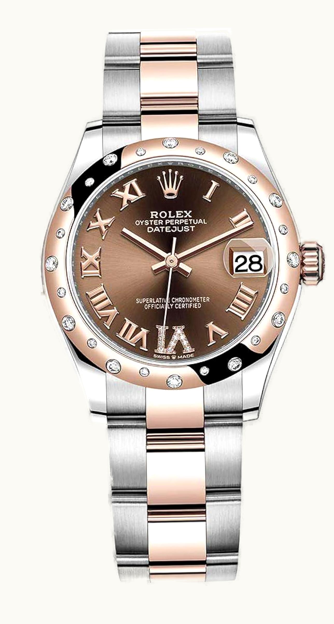 Rolex Datejust 31 Rolesor Everose Domed Diamond / Oyster / Chocolate Roman