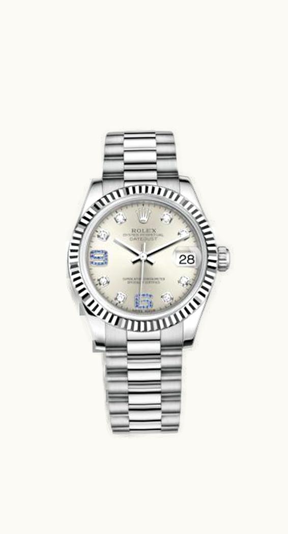 Rolex Datejust 31 White Gold Fluted / President / Silver Diamonds & Sapphires