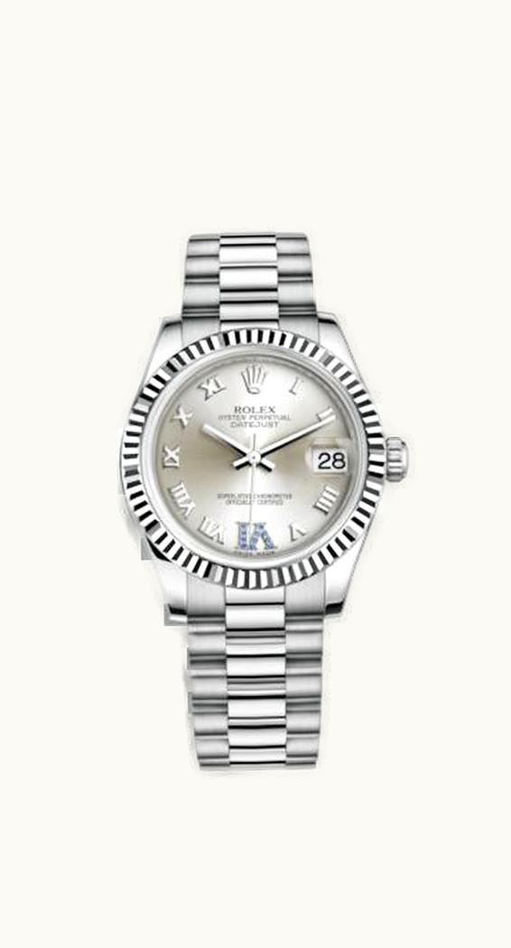 Rolex Datejust 31 White Gold Fluted / President / Silver Roman