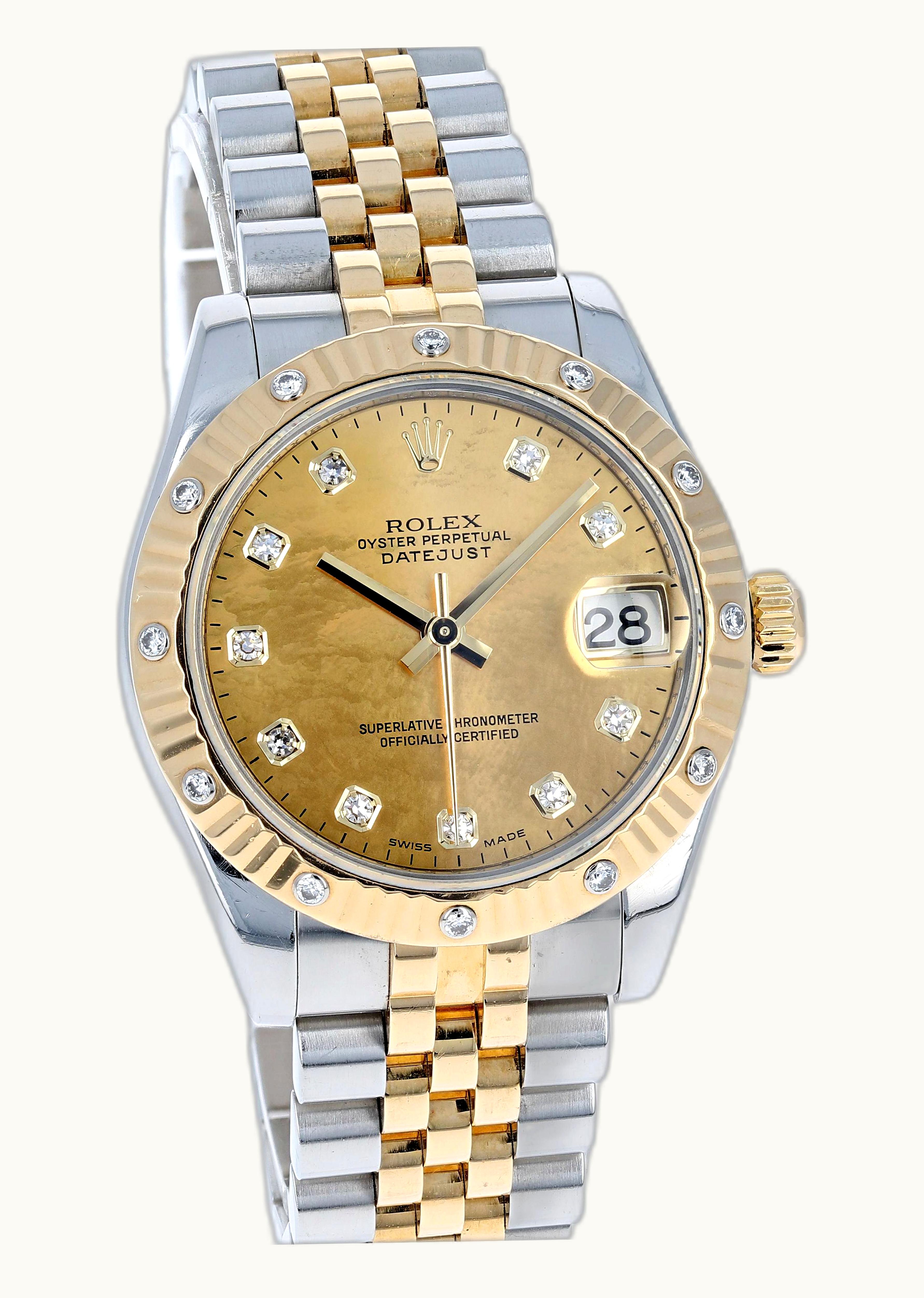 Rolex Datejust 31 Rolesor Yellow Fluted Diamond / Oyster / Champagne