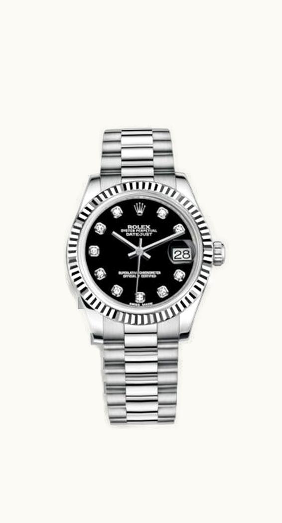 Rolex Datejust 31 White Gold Fluted / President / Black Diamond