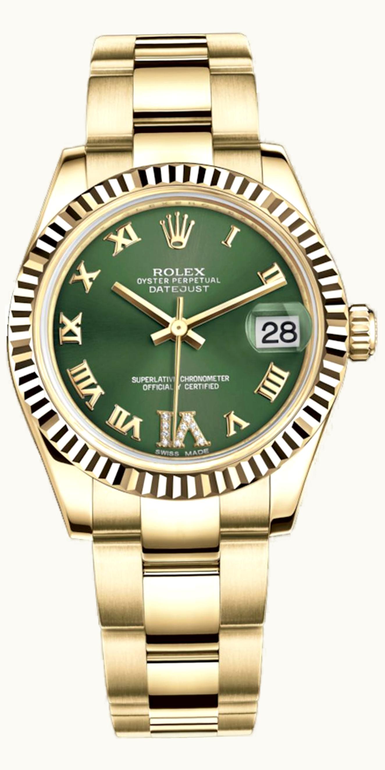 Rolex Datejust 31 Yellow Gold Fluted / Oyster / Olive Roman