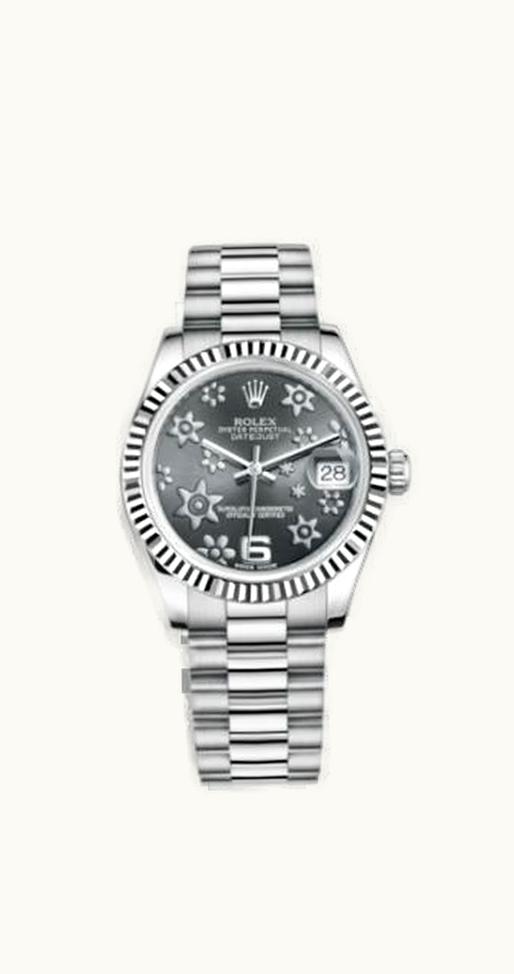 Rolex Datejust 31 White Gold Fluted / President / Dark Rhodium Floral
