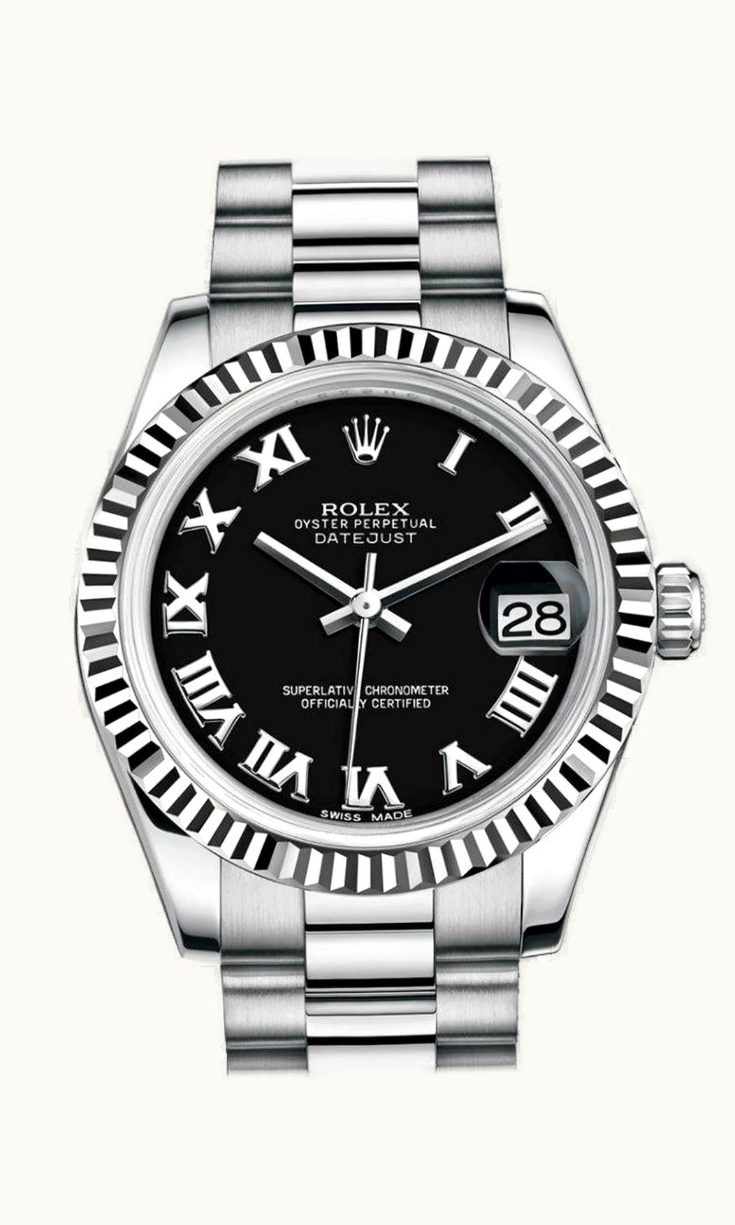 Rolex Datejust 31 White Gold Fluted / President / Black Roman