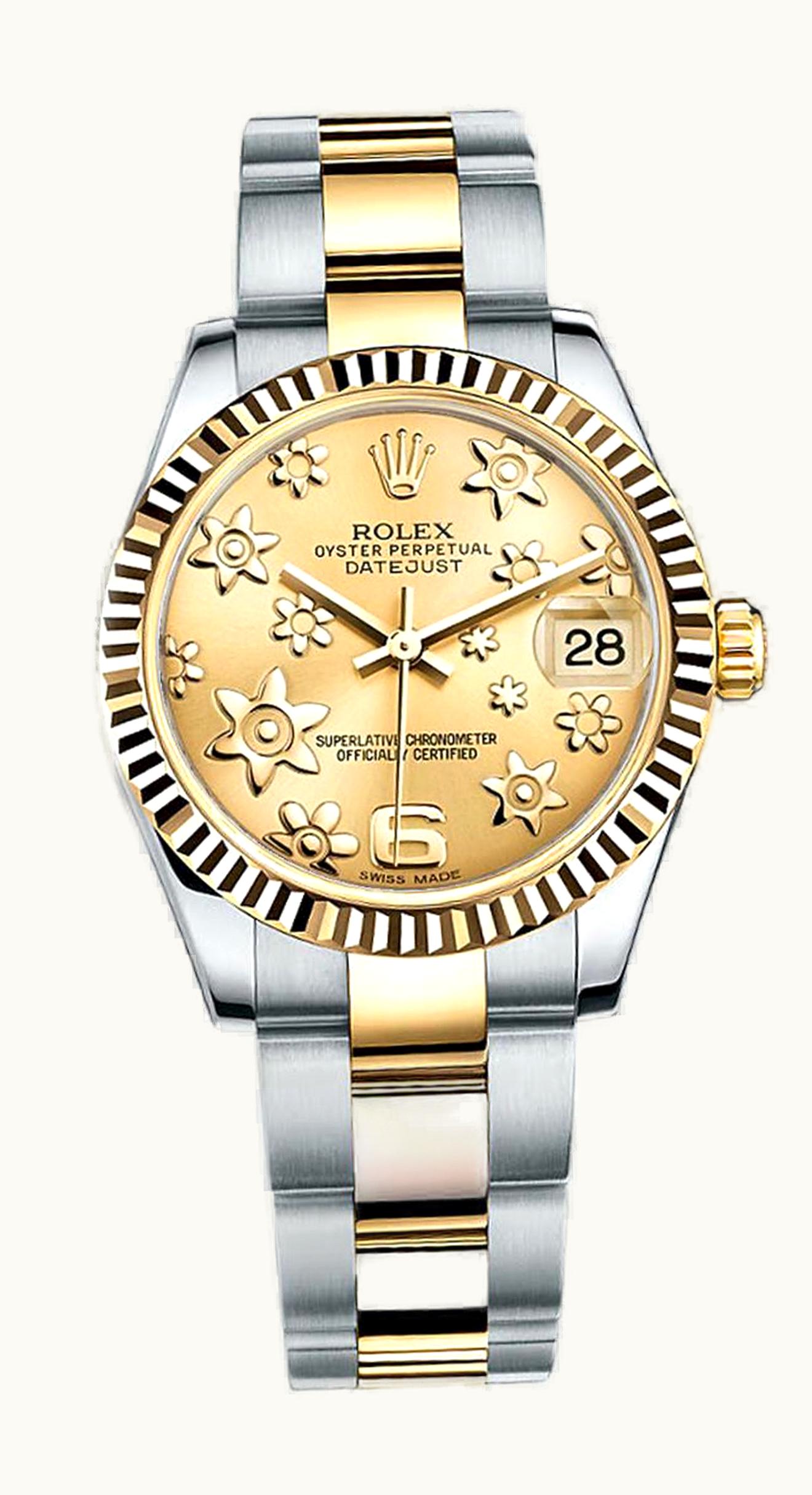 Rolex Datejust 31 Rolesor Yellow Fluted / Jubilee / Champagne Roman