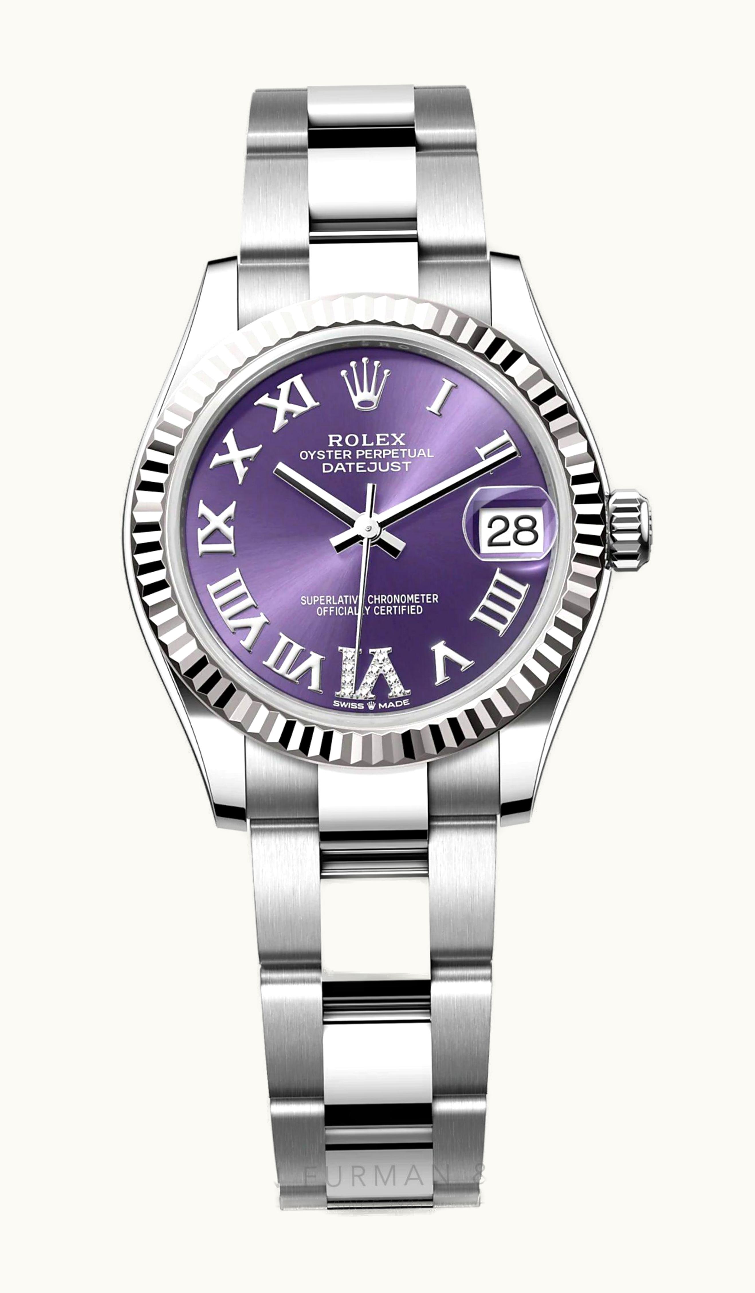 Rolex Datejust 31 Stainless Steel Fluted / Oyster / Aubergine - Roman