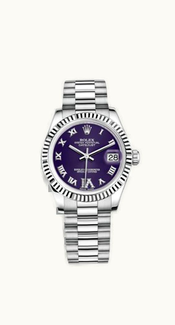 Rolex Datejust 31 White Gold Fluted / President / Blue Roman