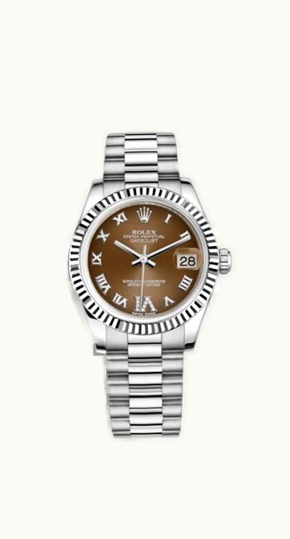 Rolex Datejust 31 White Gold Fluted / President / Bronze Roman