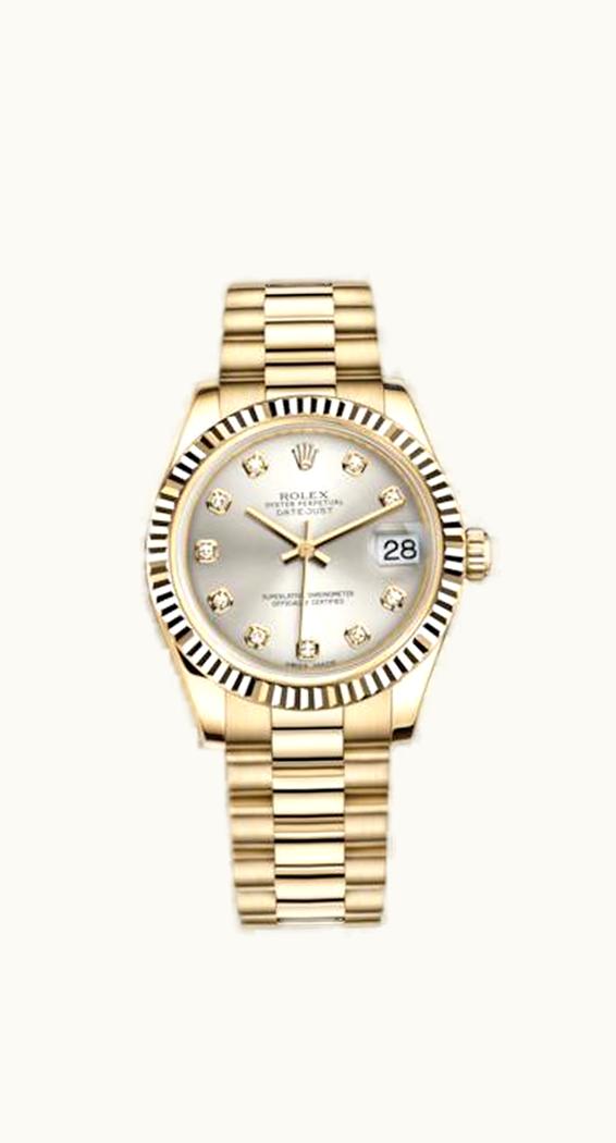 Rolex Datejust 31 Yellow Gold Fluted / President / Silver Diamond