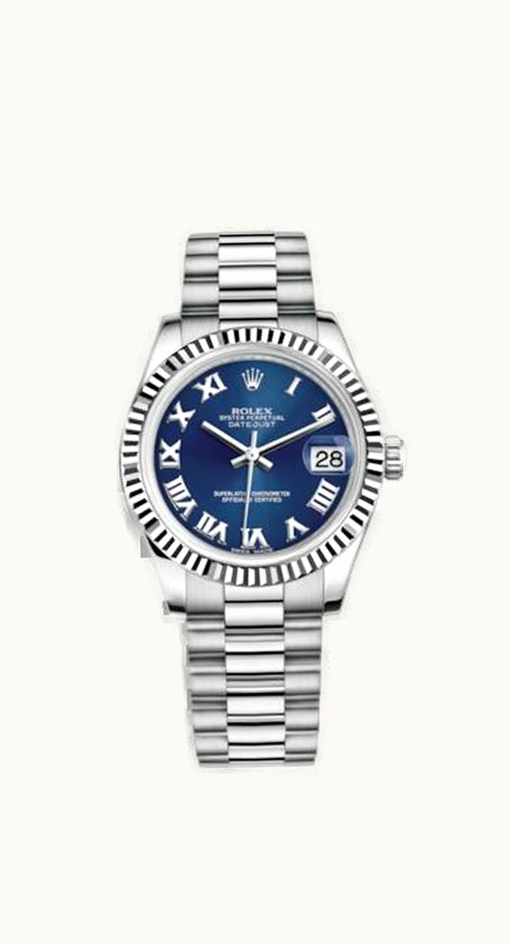 Rolex Datejust 31 White Gold Fluted / President / Blue Roman