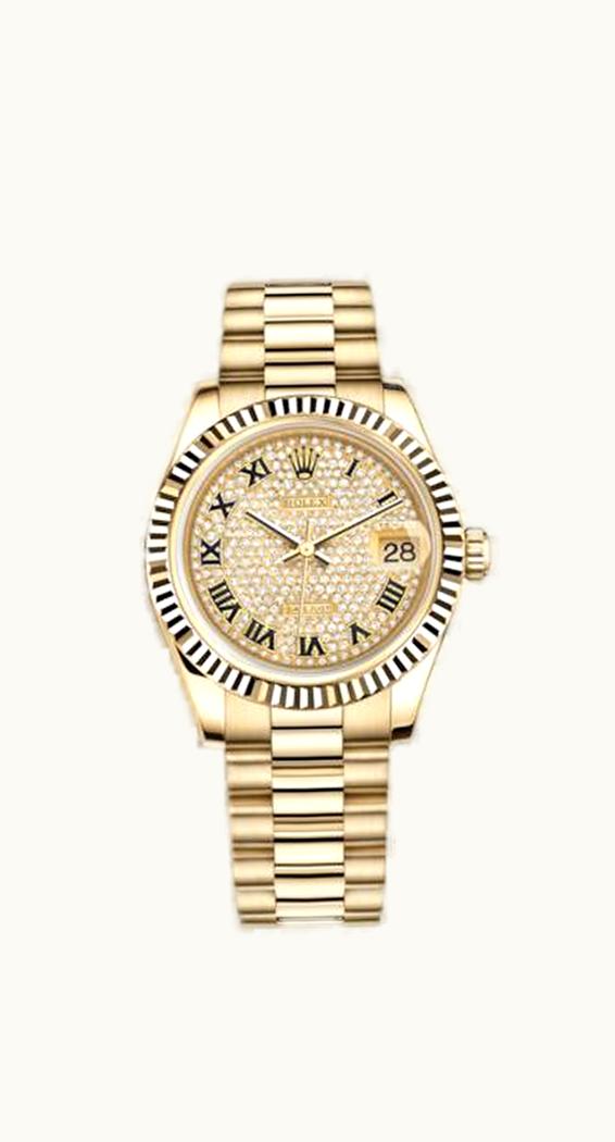 Rolex Datejust 31 Yellow Gold Fluted / President / Paved Roman