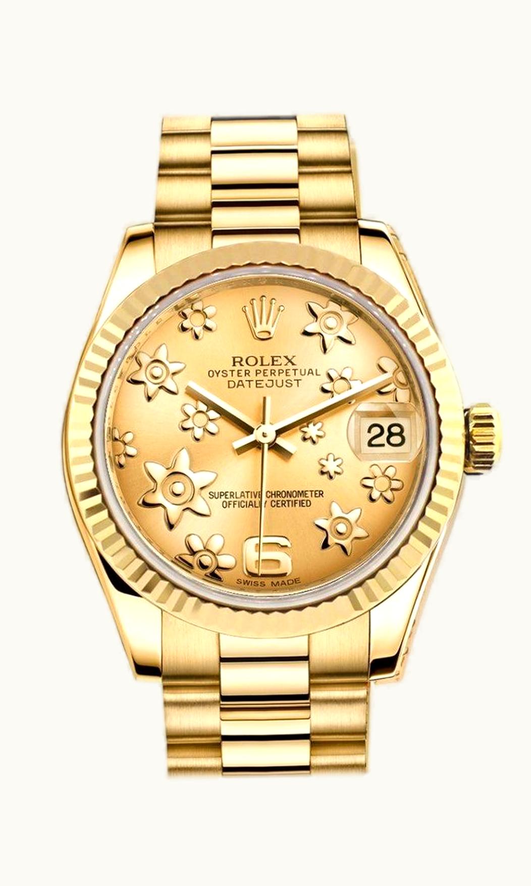 Rolex Datejust 31 Yellow Gold Fluted / President / Champagne Floral