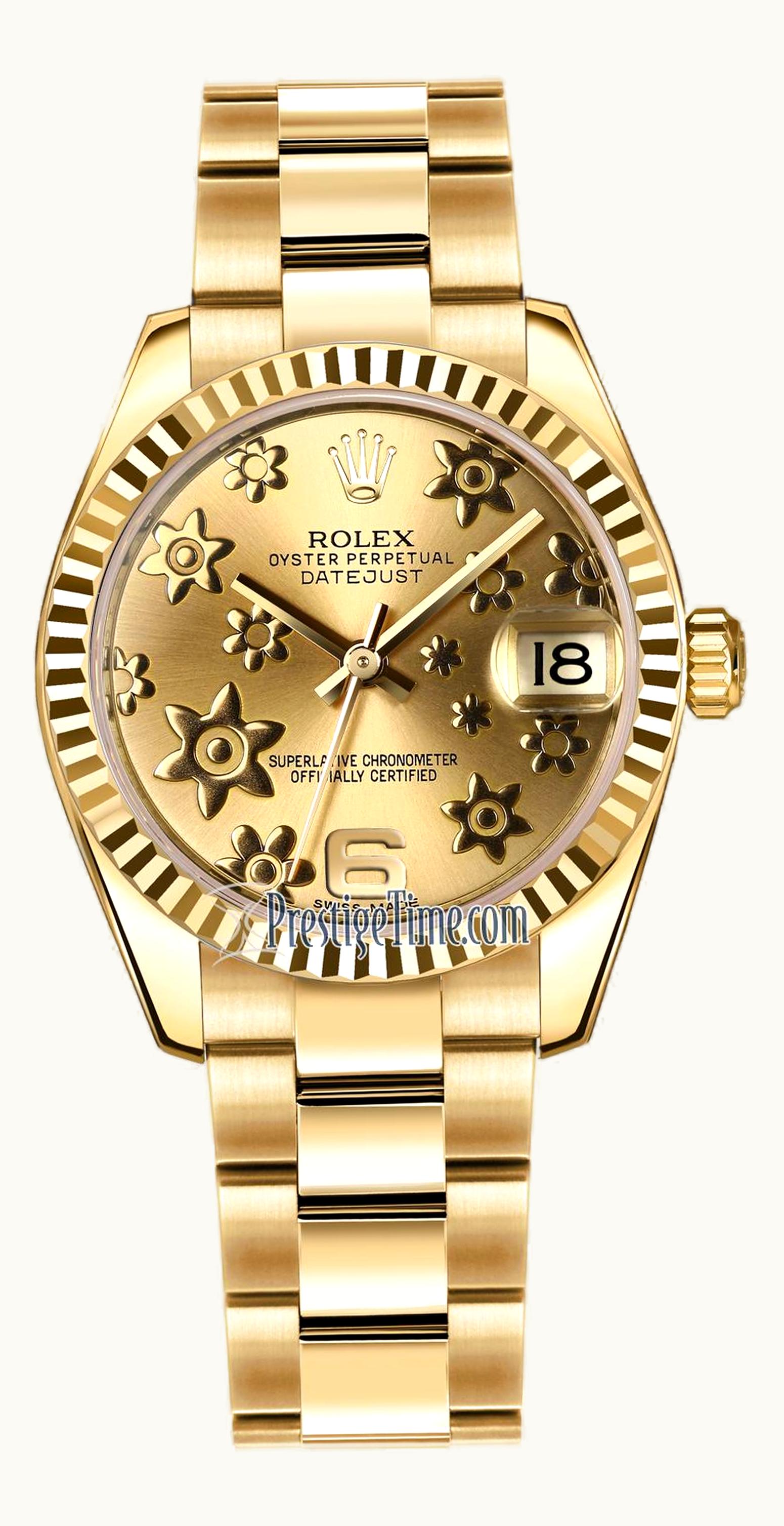 Rolex Datejust 31 Yellow Gold Fluted / Oyster / Champagne Floral