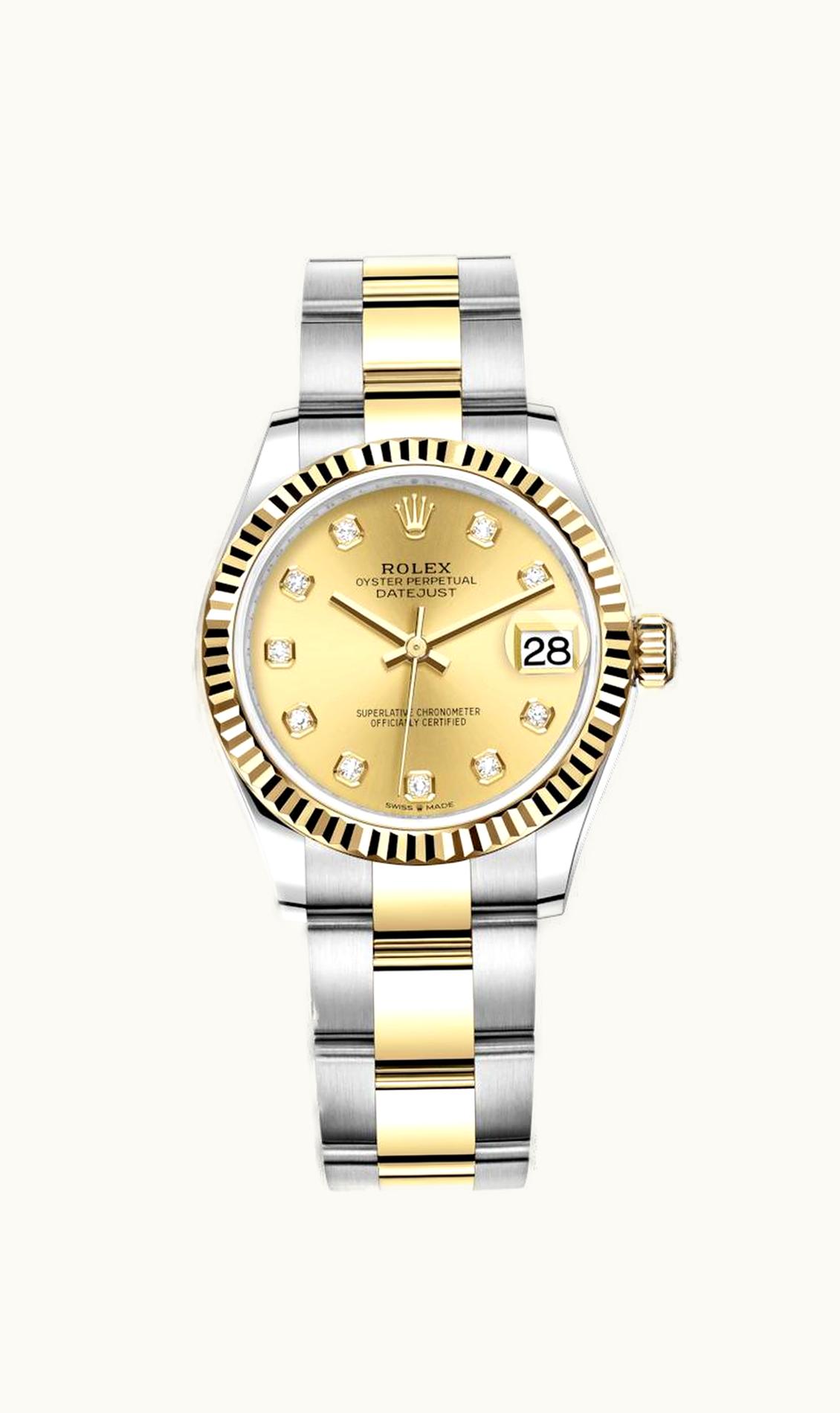 Rolex Datejust 31 Stainless Steel / Yellow Gold / Fluted / Champagne - Diamond / Oyster