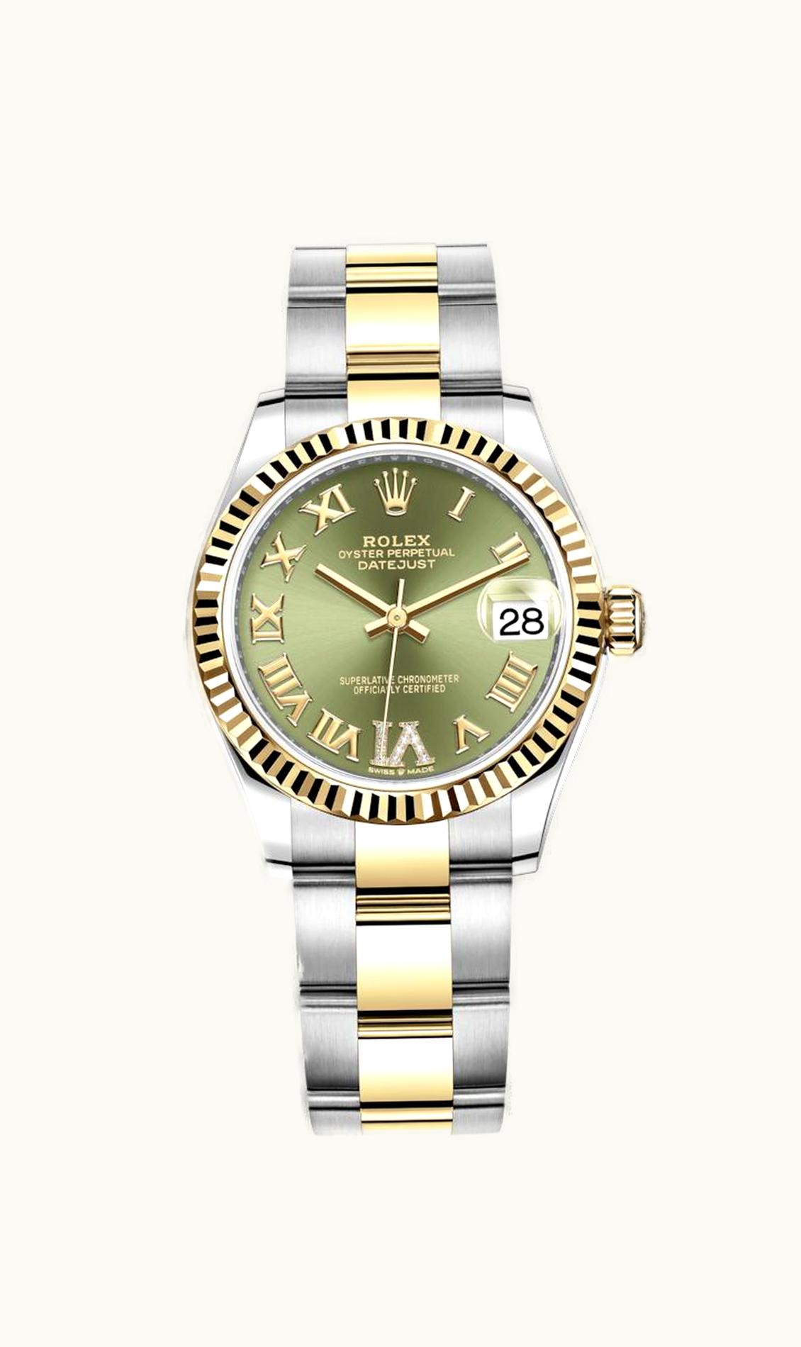 Rolex Datejust 31 Stainless Steel / Yellow Gold / Fluted / Olive - Roman / Oyster