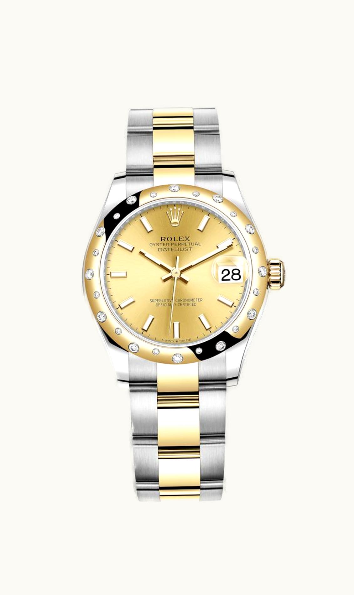 Rolex Datejust 31 Stainless Steel / Yellow Gold / Domed - Diamond / Champagne / Oyster