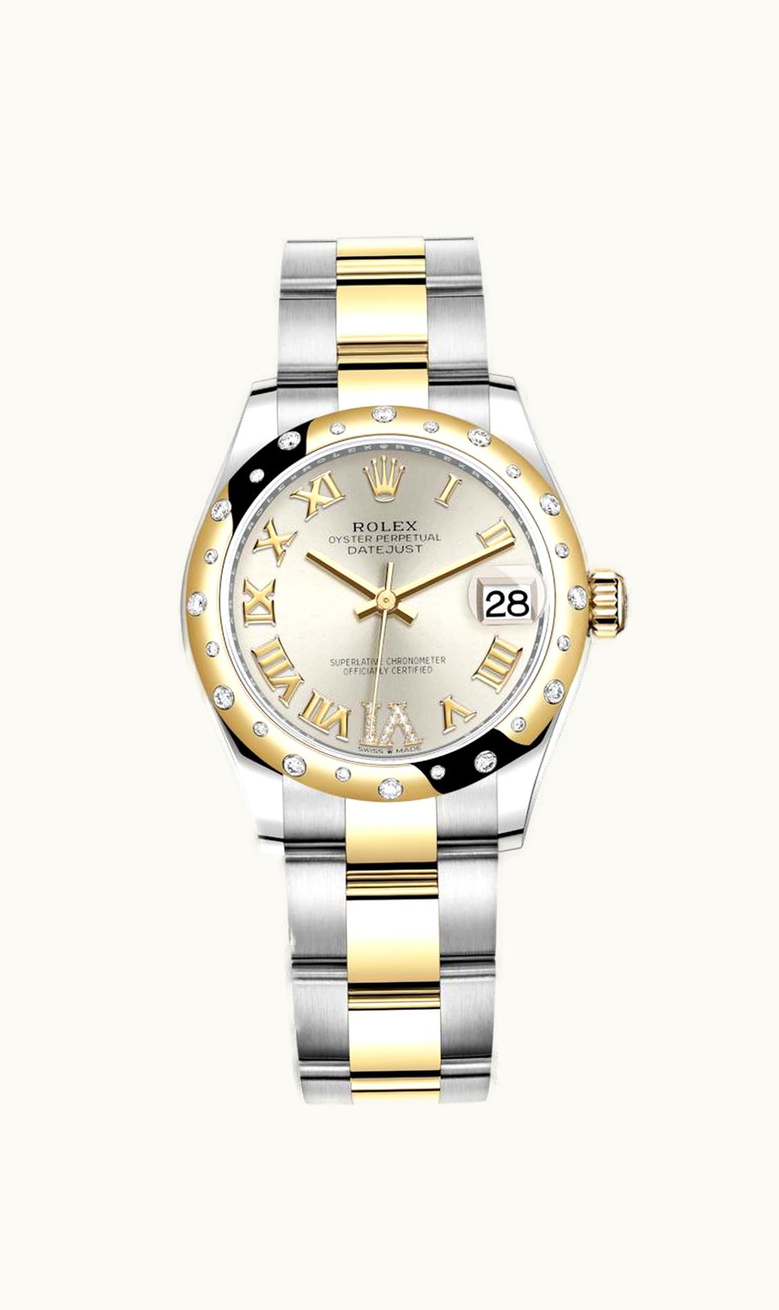 Rolex Datejust 31 Stainless Steel / Yellow Gold / Domed - Diamond / Silver - Roman / Oyster