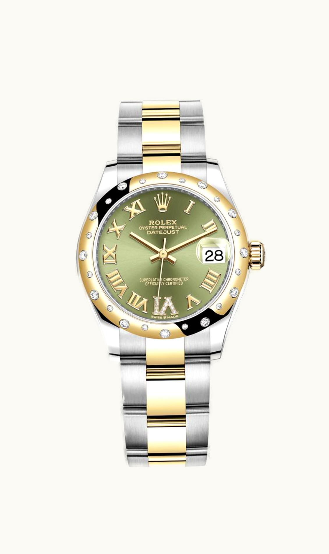 Rolex Datejust 31 Stainless Steel / Yellow Gold / Domed - Diamond / Olive - Roman / Oyster