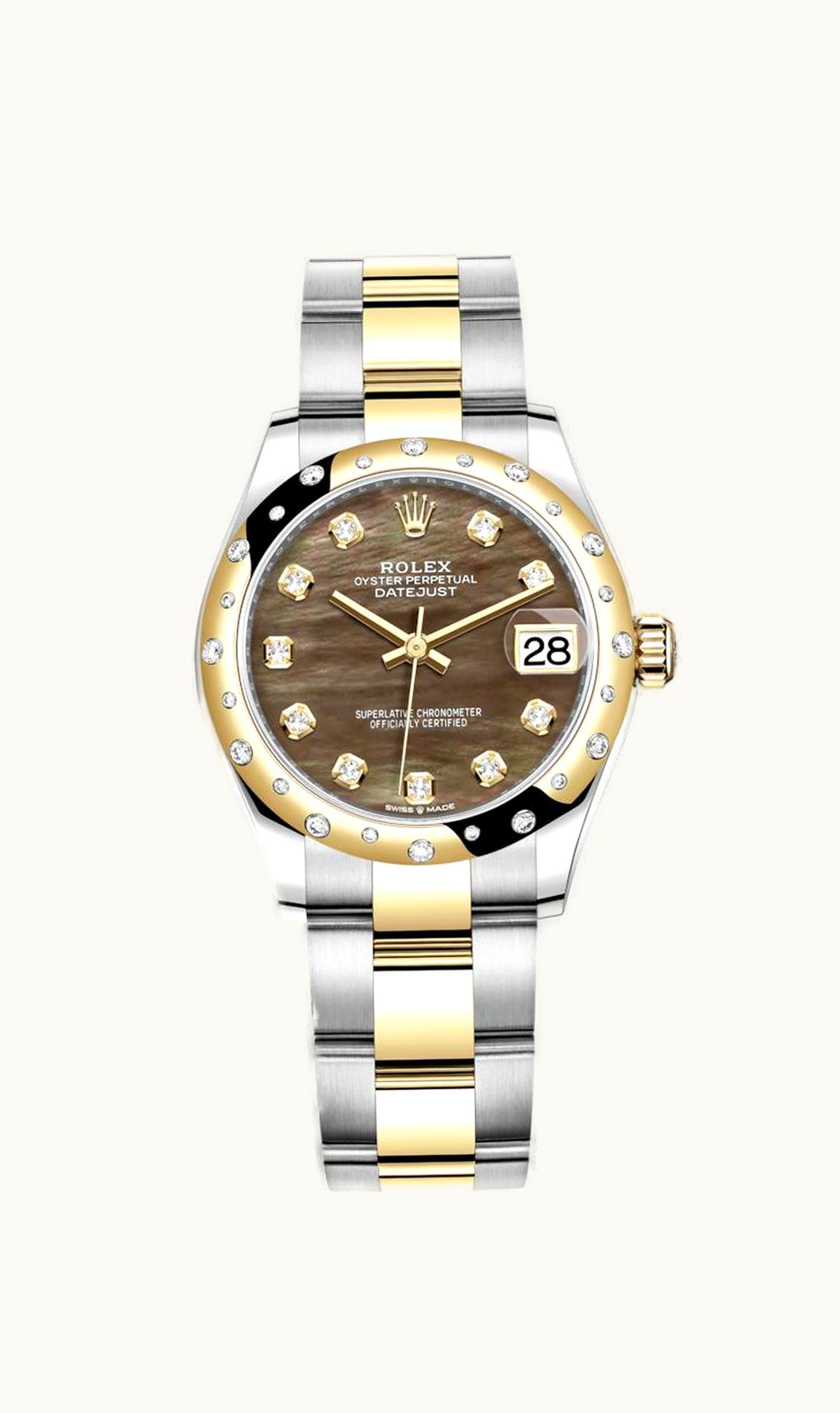 Rolex Datejust 31 Stainless Steel / Yellow Gold / Domed - Diamond / Black MOP / Oyster