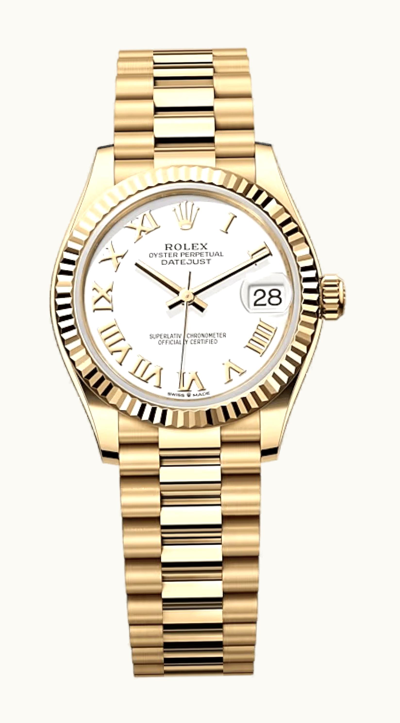 Rolex Datejust 31 Yellow Gold / Fluted / White - Roman / President