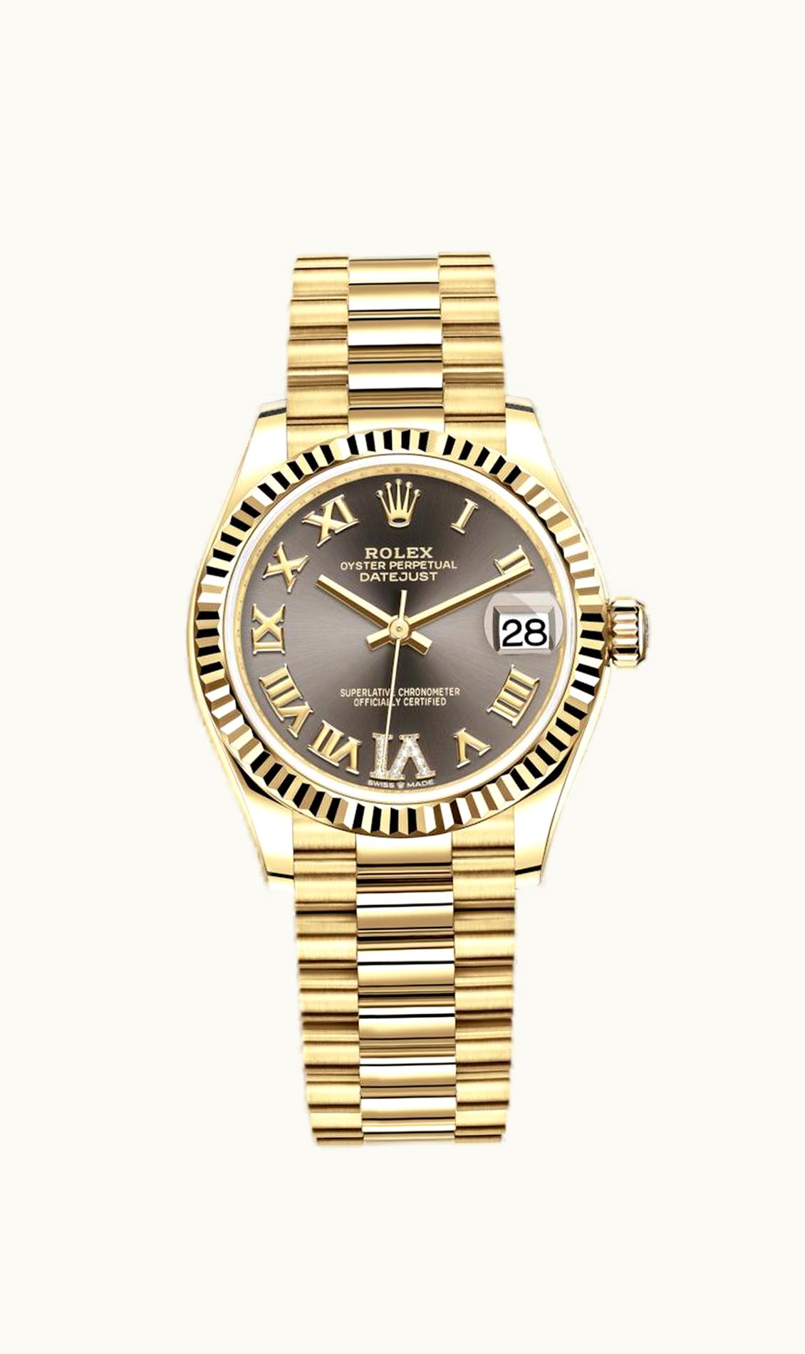 Rolex Datejust 31 Yellow Gold / Fluted / Grey - Roman / President
