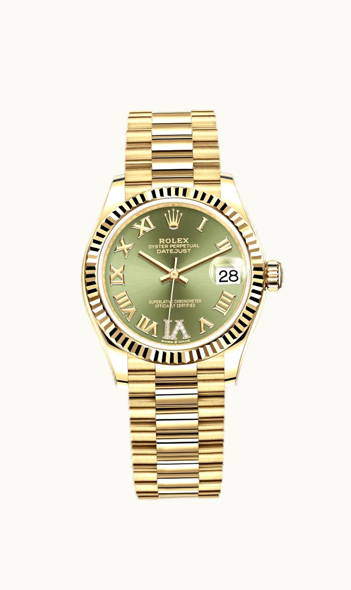 Rolex Datejust 31 Yellow Gold / Fluted / Olive - Roman / President