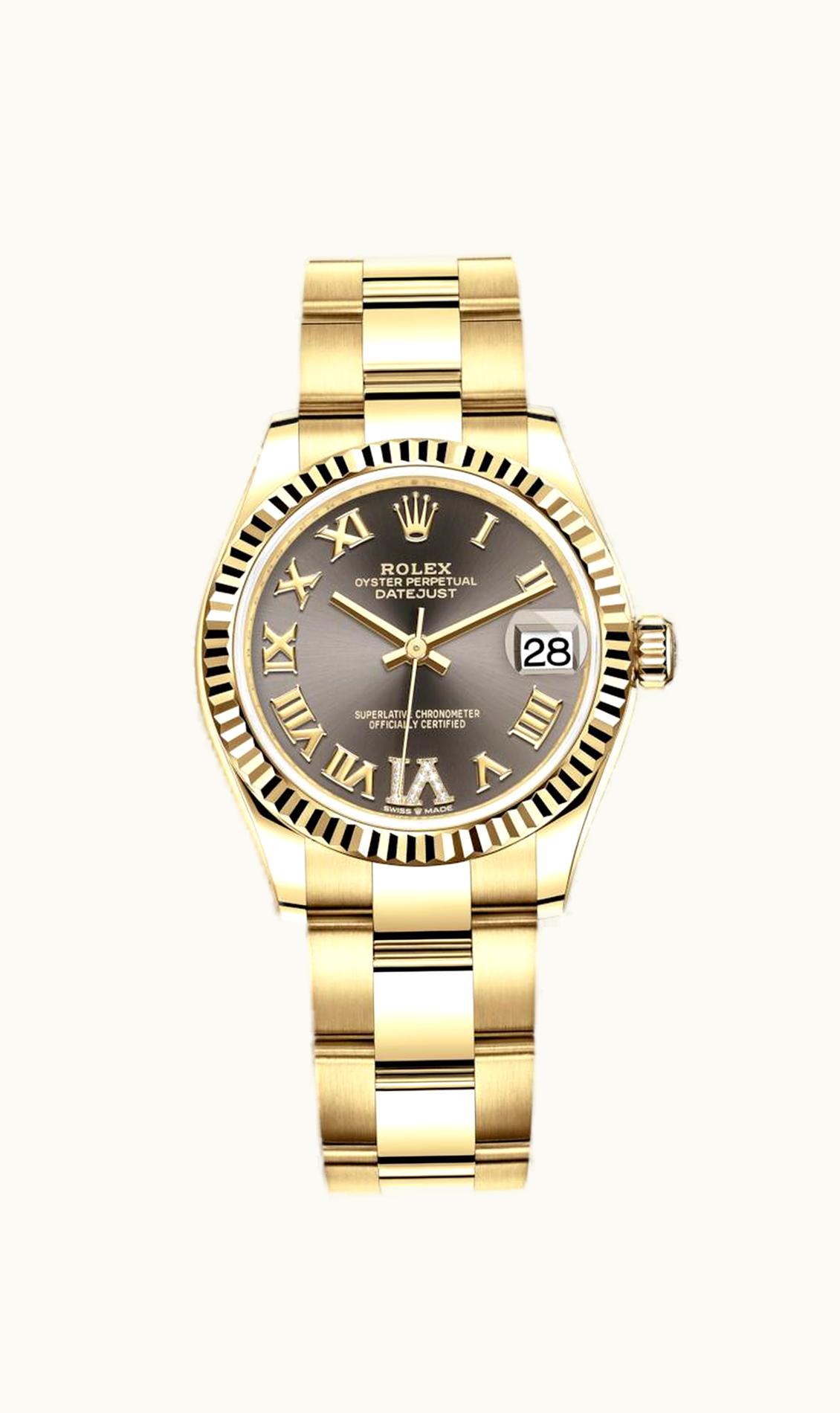 Rolex Datejust 31 Yellow Gold / Fluted / Grey - Roman / Oyster
