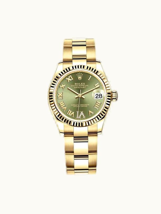 Rolex Datejust 31 Yellow Gold / Fluted / Olive  - Roman / Oyster