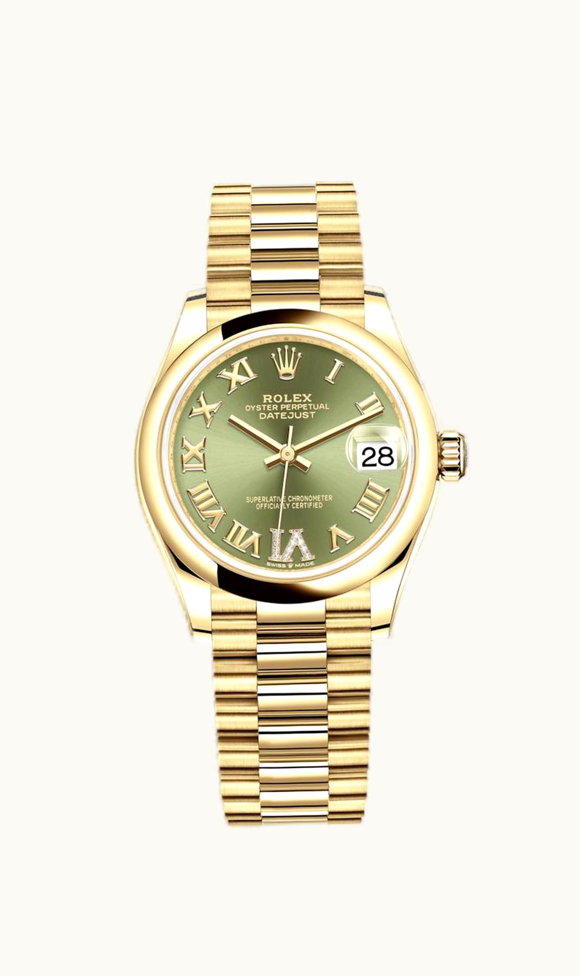 Rolex Datejust 31 Yellow Gold / Domed / Olive  - Roman / President