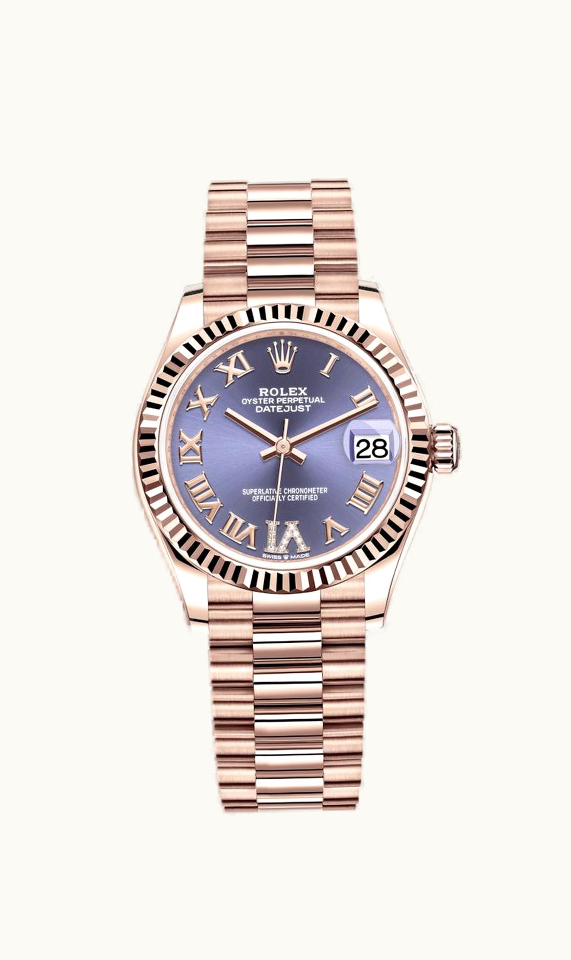 Rolex Datejust 31 Rose Gold / Fluted / Aubergine - Roman / President