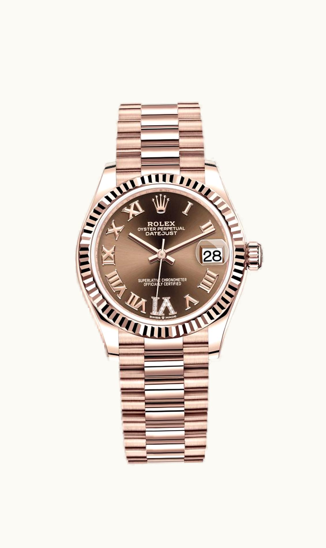 Rolex Datejust 31 Rose Gold / Fluted / Chocolate - Roman / President
