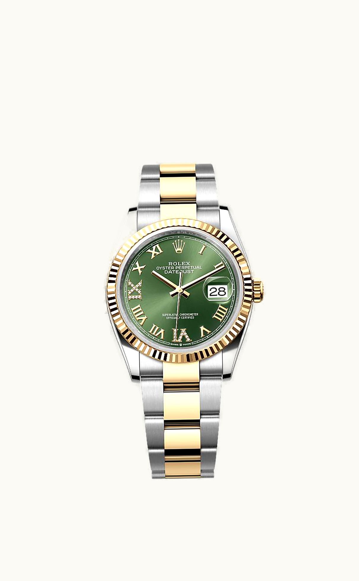 Rolex Datejust 36 Stainless Steel / Yellow Gold / Fluted / Olive Green Roman Diamond / Oyster