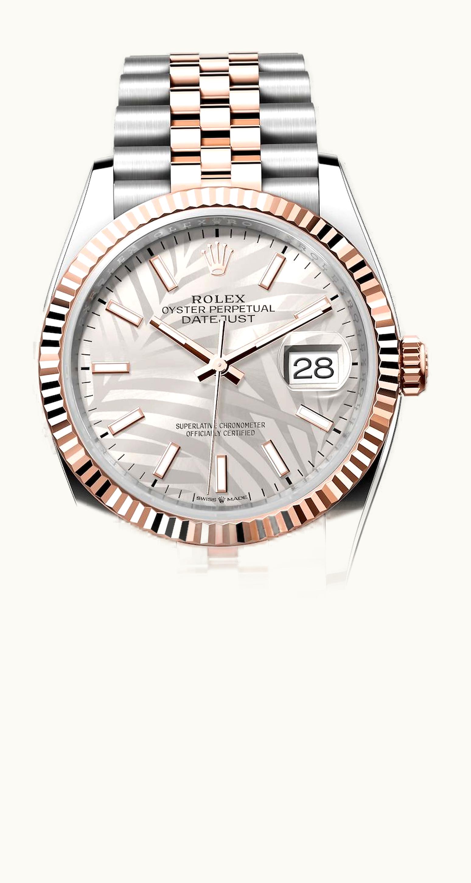 Rolex Datejust 36 Stainless Steel / Everose / Fluted / Silver - Palm / Jubilee