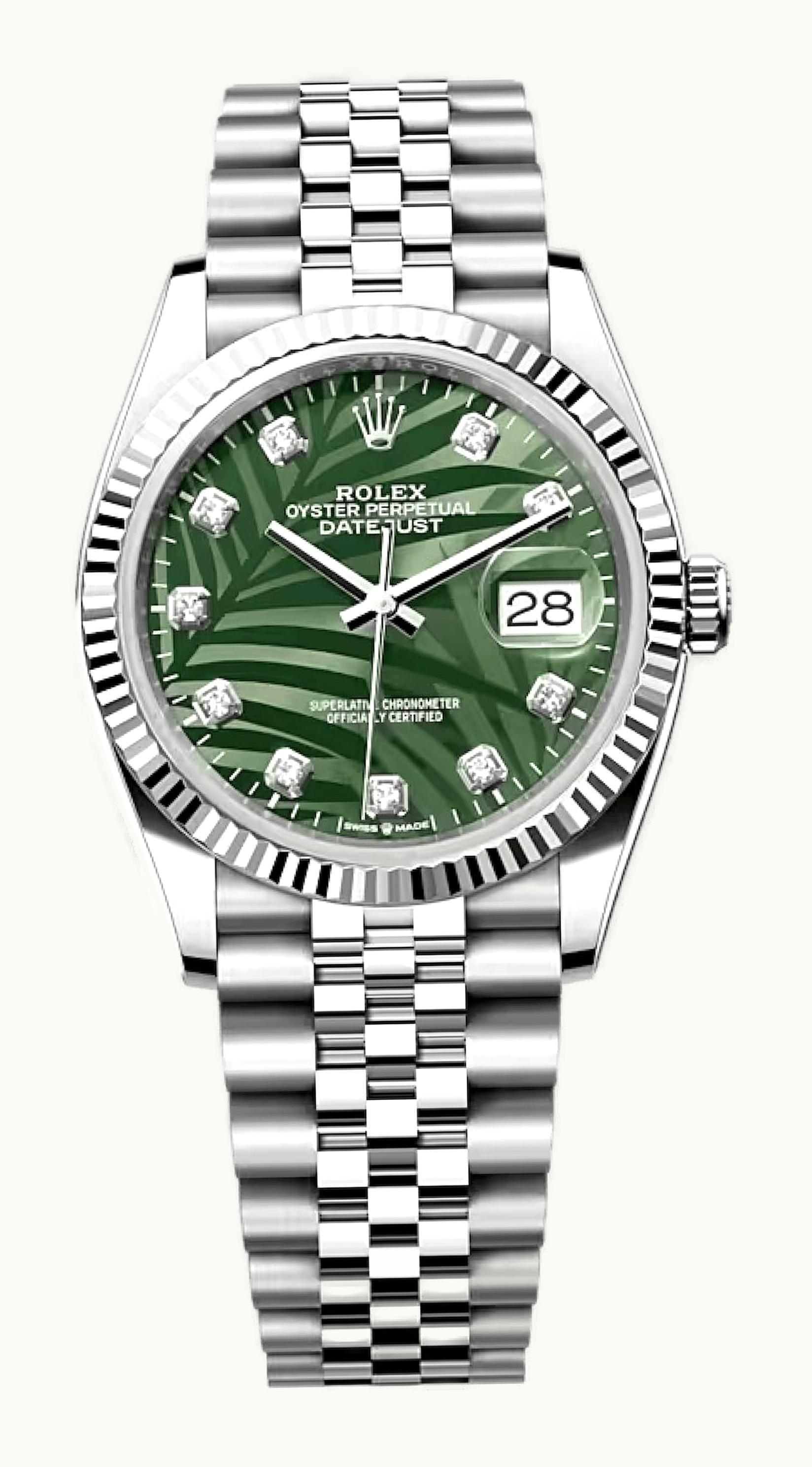 Rolex Datejust 36 Stainless Steel - Fluted / Green - Palm - Diamond / Jubilee