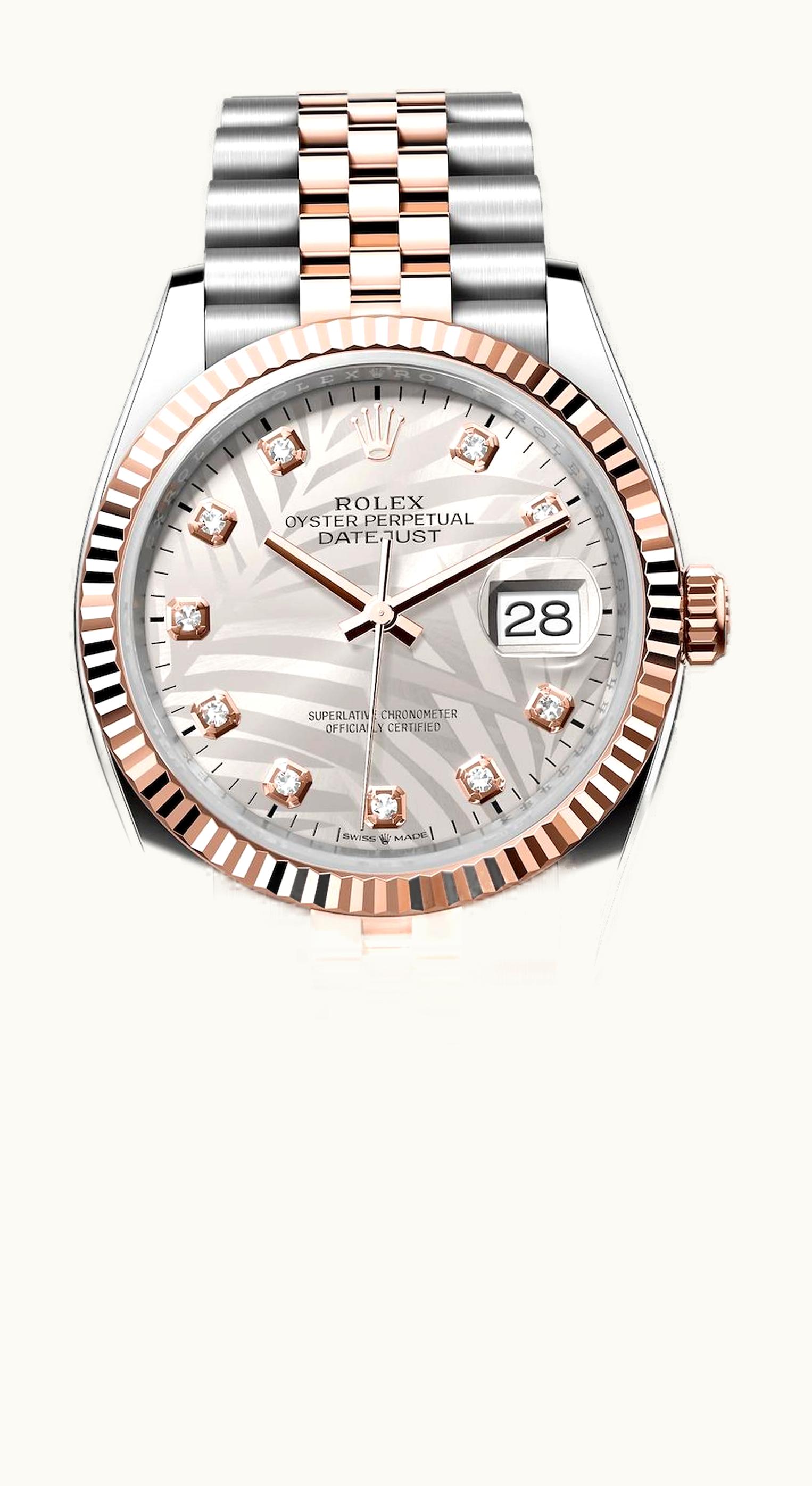 Rolex Datejust 36 Stainless Steel / Everose / Fluted / Silver - Palm - Diamond / Jubilee