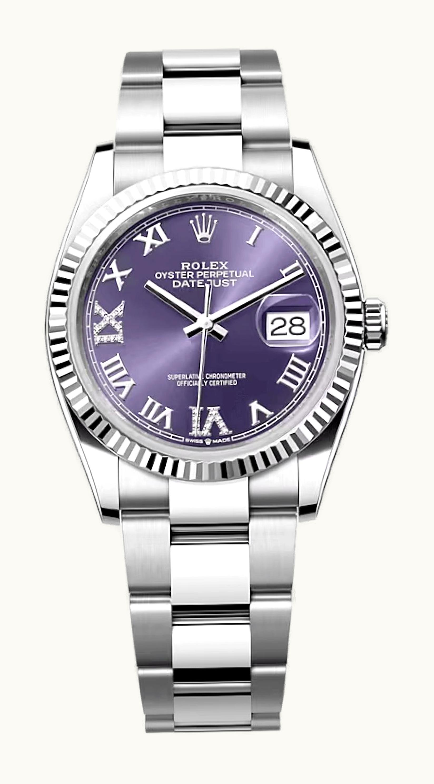 Rolex Datejust 36 Stainless Steel / Fluted / Aubergine Roman-Diamonds / Oyster