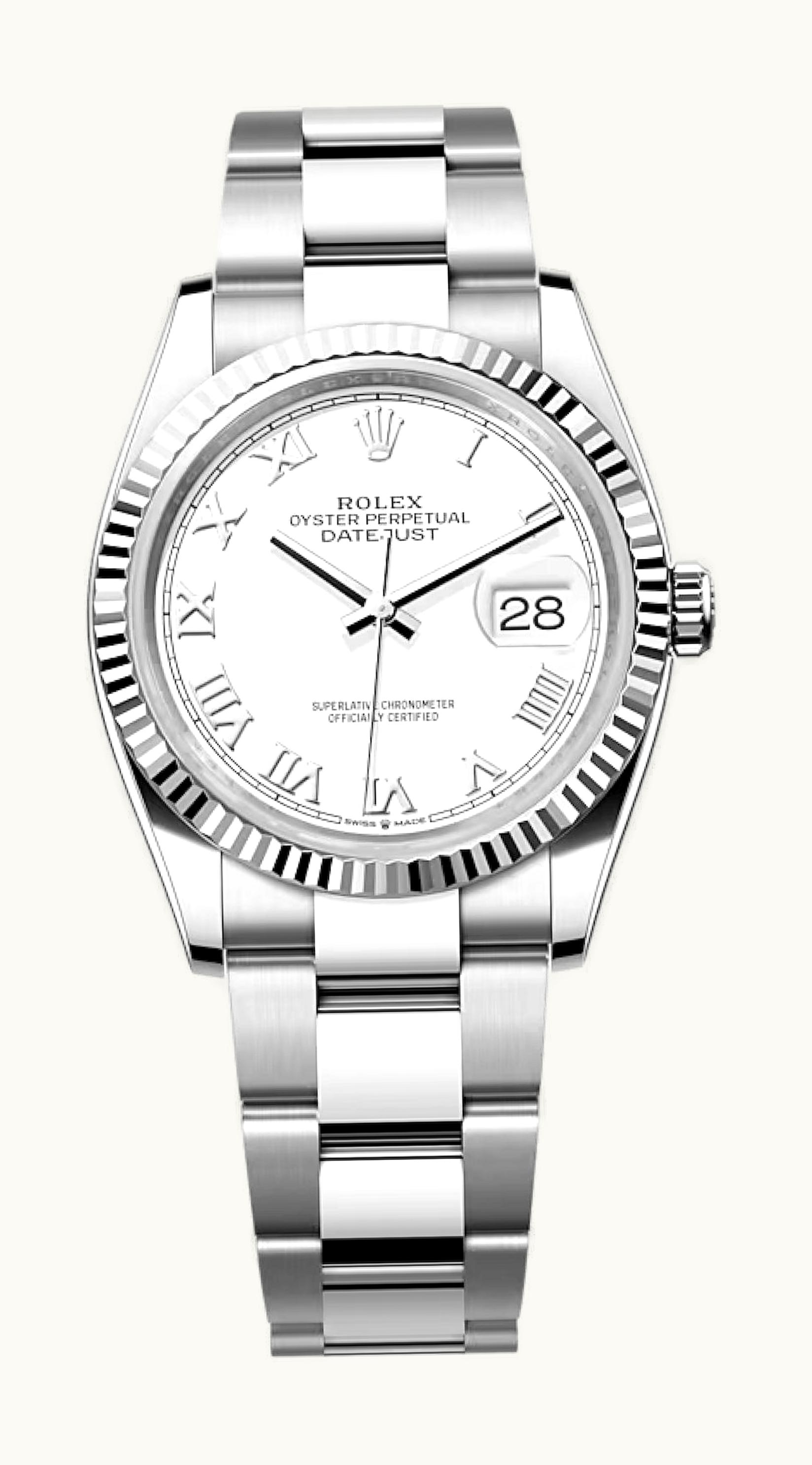 Rolex Datejust 36 Stainless Steel / Fluted / White Roman / Oyster