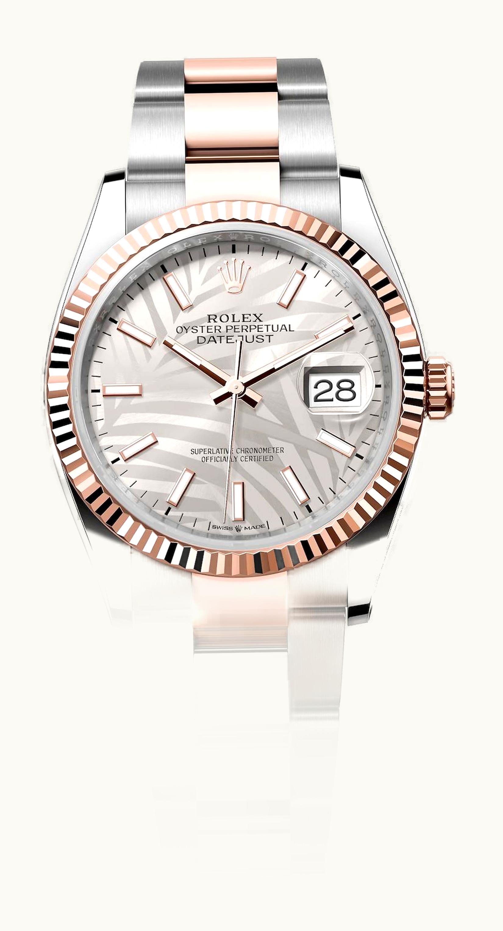 Rolex Datejust 36 Stainless Steel / Everose / Fluted / Silver - Palm / Oyster